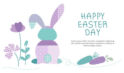 Happy Easter banner with bunny or rabbit, carrot and floral in pastel colors and tartan pattern. The vector illustration with lettering Happy Easter Day in abstract patchwork flat design or POP ART
