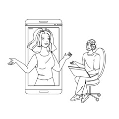 Mobile Call Conversation Man And Woman Black Line Pencil Drawing Vector. Man Sitting On Office Chair With Laptop And Headphones Talking Mobile Call With Young Girl. Characters Operator Support