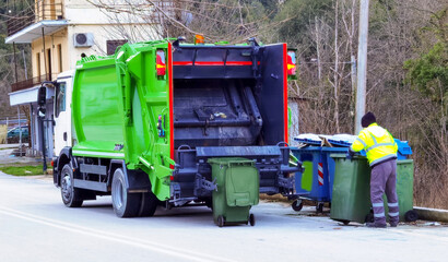 garbage truck trash new on the street vehicle cleaning up bin