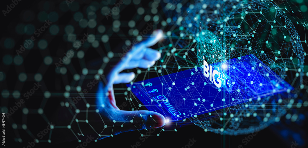 Poster Big data Businessman hand reaching global network and  big data customer connection network technology concept.