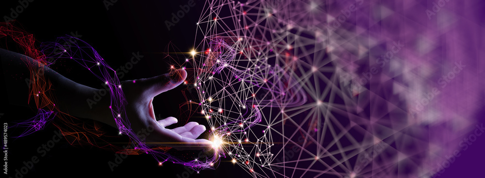 Aufkleber Hand businessman touching circle global network connection and data exchanges on  dark background,Communication and technology concept.Business networking customer, Science, Innovation,future.