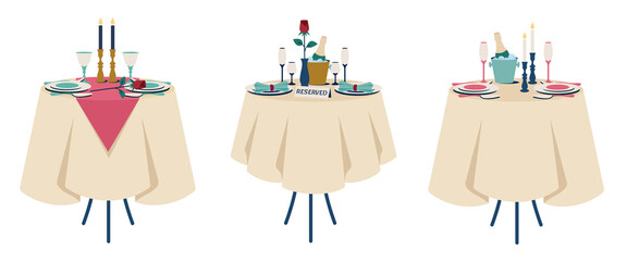 Set of reserved tables for two. Beautiful romantic dinner. Romantic setting. Table with tablecloth, cutlery, glasses, champagne, bucket, candles in candlesticks, rose. Vector cartoon illustration