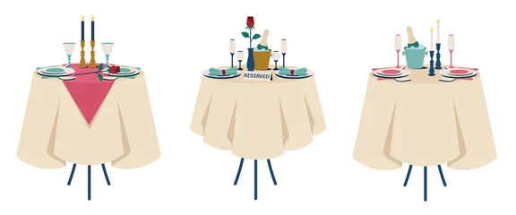 Foto op Aluminium Set of reserved tables for two. Beautiful romantic dinner. Romantic setting. Table with tablecloth, cutlery, glasses, champagne, bucket, candles in candlesticks, rose. Vector cartoon illustration © екатерина петрук