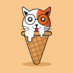 Cute cat on ice cream cone vector illustration