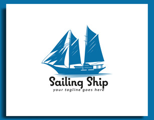 sailing ship logo vintage  blue ship in the sea design vector