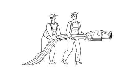Network Lan Support Repairmen With Cable Black Line Pencil Drawing Vector. Network Lan Support Service Men Fixing And Connecting Cord. Characters Guys Engineer Internet Provider Employees Illustration