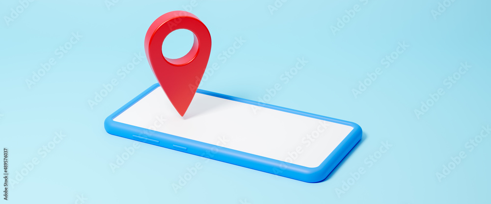 Poster smartphone map application and red pointer isometric on screen, map gps navigator, app search map na