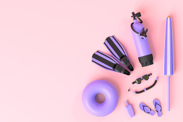 Colorful scuba stuff and beach accessories like umbrellaand sunscreen on pink