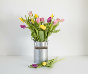 pink, yellow and purple tulips in silver metal milk can