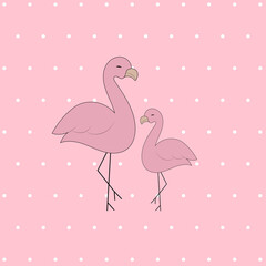 Two pink flamingos on a pink background with white polka dots.