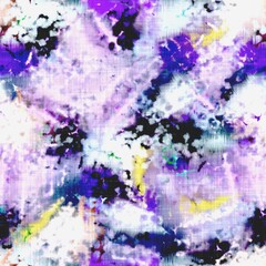 Messy summer tie dye batik beach wear pattern. Seamless colorful stain space dyed effect fashion. Washed out soft furnishing background. 
