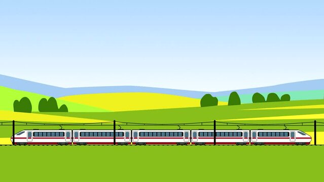 Landscape with railway and train (animation, seamless loop)