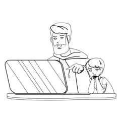 Kid Boy And Father Using Laptop Together Black Line Pencil Drawing Vector. Daddy And Son Child Watching Movie Or Playing Video Game On Laptop. Characters Family Playful And Recreational Time