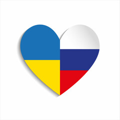 Ukrainian and Russian flags together in heart. Paper cut style. origami, 3d. Vector illustration.