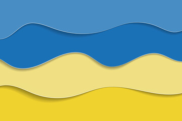 Ukrainian flag in paper cut style. Yellow and blue waves background. Vector illustration.