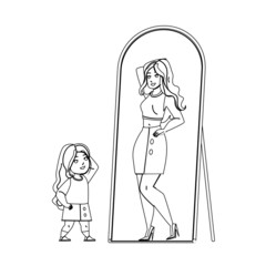 Kid Girl Dreaming Be Adult Woman In Mirror Black Line Pencil Drawing Vector. Child Looking At Mirror Reflection And Imagining For Be Beautiful Girl In Future. Character Preschooler Wishing