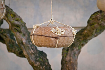 forms Italian cheese hanging in the streets of the city

