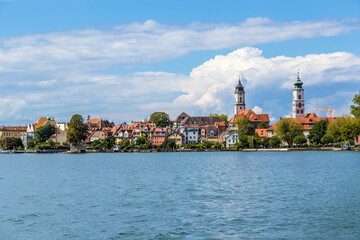 Lindau, Germany. Scenic view of the city with the bell towers of medieval churches from Lake Constance