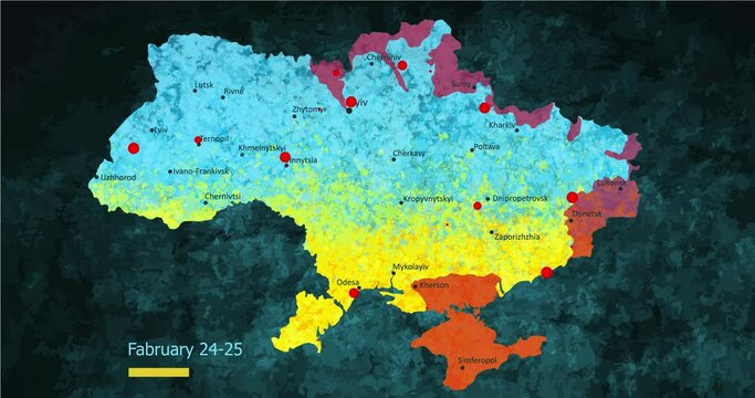 Animated map of Russian invasion and location of air strikes and attacks, Ukraine, February 24-25 2022