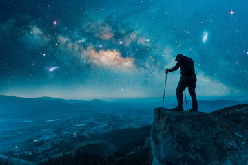 man standing outdoors on the top of the mountain, back view, under the Milky Way and stars