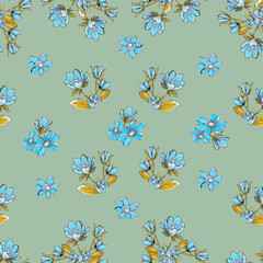 Fototapeta na wymiar watercolor illustration seamless pattern small blue flowers in a bouquet with leaves on a dark background,for wallpaper or furniture