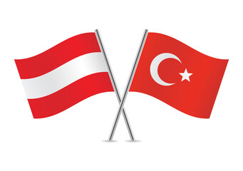 Austria and Turkey crossed flags. Austrian and Turkish flags, isolated on white background. Vector icon set. Vector illustration.