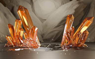 3D realistic crystal stone podium on water background. Empty pedestal for the presentation. Poster for cosmetic products. Background with crystal clear water of light blue color. 3D render