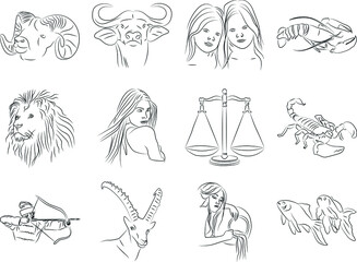 A set of icons of the signs of the Zodiac in a free interpretation of the author's style. Stylized vector icons drawn with strokes of lines of different thicknesses.