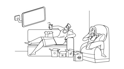 Lazy Man And Woman Resting Together Home Black Line Pencil Drawing Vector. Lazy Guy Sitting On Sofa, Eating Fast Food And Watching Tv, Girl Sit In Armchair And Using Smartphone. Characters Enjoyment