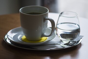 A cup of matcha tea with a glass of water, complete with a spoon. Everything on a pad and wooden table.