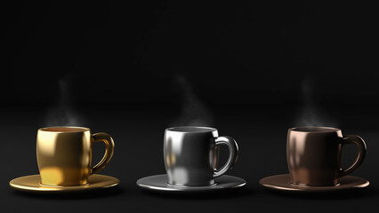 Three warm coffee cups on black background, 3d illustration