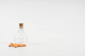 Science pills and bottles on white background, Medical: Pills and bottle.  Composition of the medical flasks. with copy space
