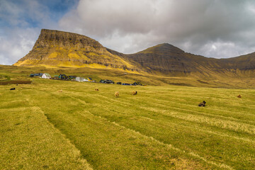 Mountain landscape on the island of Vagar, Faroe Islands.