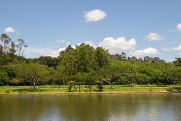 Paisagem de um parque muito arborizado e um lago, na cidade de Goiânia. Parque Leolidio di Ramos...