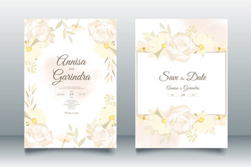 Wedding invitation card template set with beautiful floral leaves Premium Vector	
