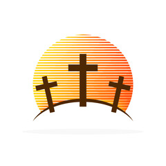 Obraz premium Calvary icon. Abstract religious logo. Christian cross icon. Vector illustration. Sunrise on Calvary