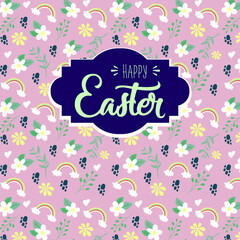 happy easter greeting card. cute flowers and rainbow set