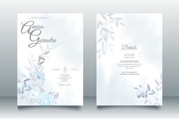 Beautiful blue floral frame wedding invitation card template Premium Vector