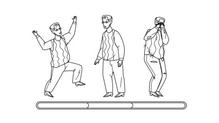 Grandfather Mood Laugh, Smile And Unhappy Black Line Pencil Drawing Vector. Happy Elderly Man Celebrative Dancing, Thoughtful And Crying, Positive And Negative Mood. Emotional Character Illustration