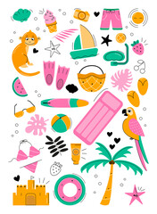 Set of illustrations for summer, holidays and the sea. Flat style stickers.
