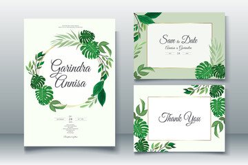 Elegant Wedding Invitation Card Template With Beautiful tropical Leaves premium vektor	