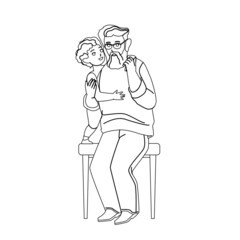 Grandson Embracing Grandparent Together Black Line Pencil Drawing Vector. Grandson Hugging Grandfather On Park Bench. Character Family Generation Relationship And Leisure Time Togetherness