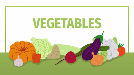 The concept of a web banner with fresh vegetables. Design of flyer, poster, packaging. Vegetables.