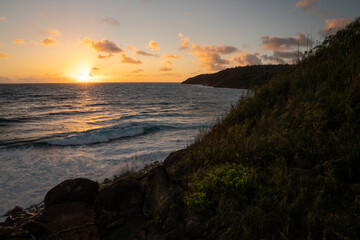 Kauai Hawaii Island Ocean Coastline Sunrise With Colorful Clouds