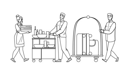 Hotel Room Service Servicing Client Set Black Line Pencil Drawing Vector. Woman Housemaid Carrying Linen, Man Carry Food And Luggage on Cart To Apartment. Characters Motel Workers Illustration
