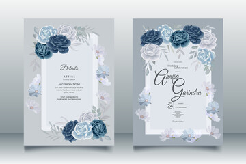 Romantic Wedding invitation card template set with navy blue floral leaves