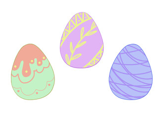 Illustration of colorful painted Easter eggs. Set of isolated easter eggs with funny patterns for holiday cards.