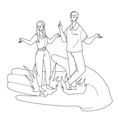 Employee Benefits And Corporate Support Black Line Pencil Drawing Vector. Man And Woman Employee Benefits And Employment Health Protection Insurance. Characters Colleagues Comfortable Job Illustration
