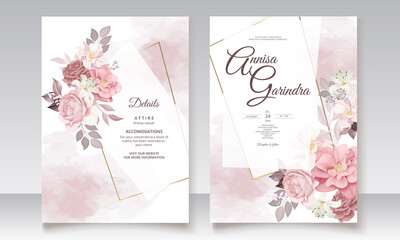 Brown wedding invitation template set with floral frame Premium Vector	

