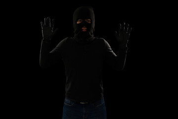 Arrested thief putting his hands up